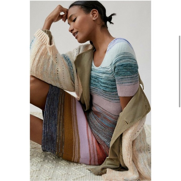 By Anthropologie Elodie Space-Dyed Knit Midi Dress Size L Striped Pink Blue Art - Picture 1 of 12
